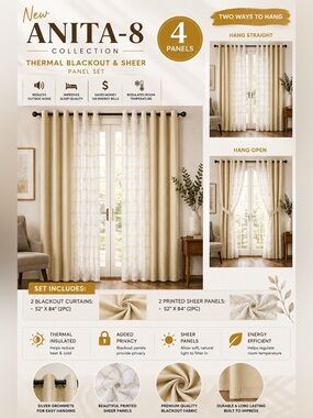 ANITA-8 Thermal Blackout & Sheer Curtain Set – 4 Panels